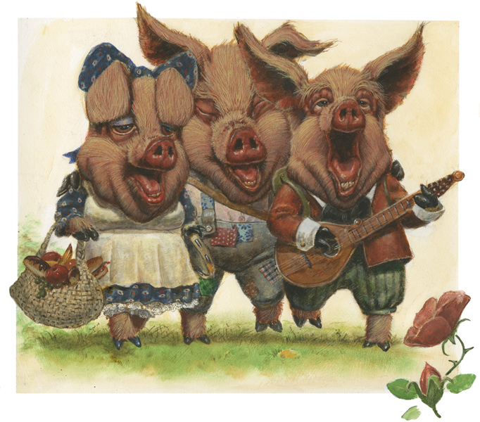 Fairytale Art:  Three Little Pigs Singing (blissfully oblivious to the threat of the Big Bad Wolf!)  Original fairytale painting by Jim Harris.